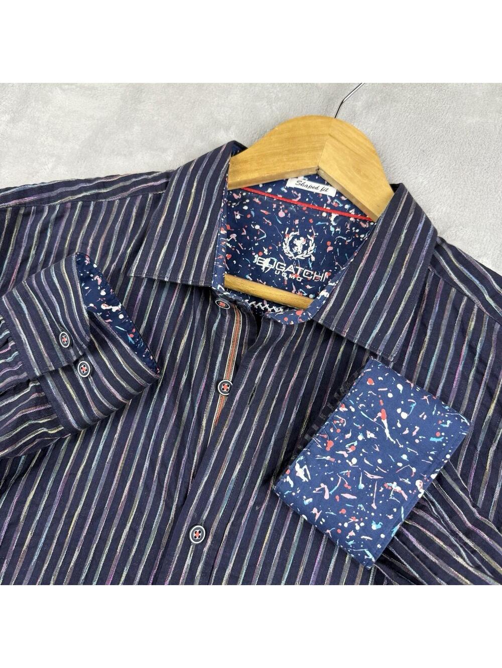 Bugatchi Uomo Mens Shaped Fit M Multicolor Stripe Button Up Dress Shirt Designer